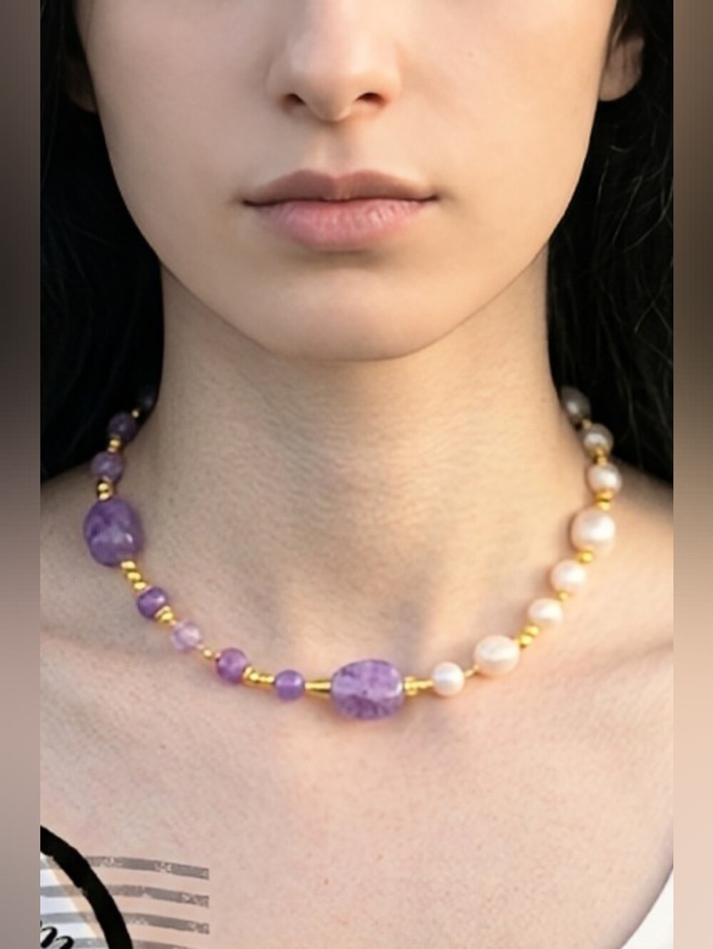 Natural Lavender Jade & White Baroque Pearls In Assymetrical Freeform Necklace